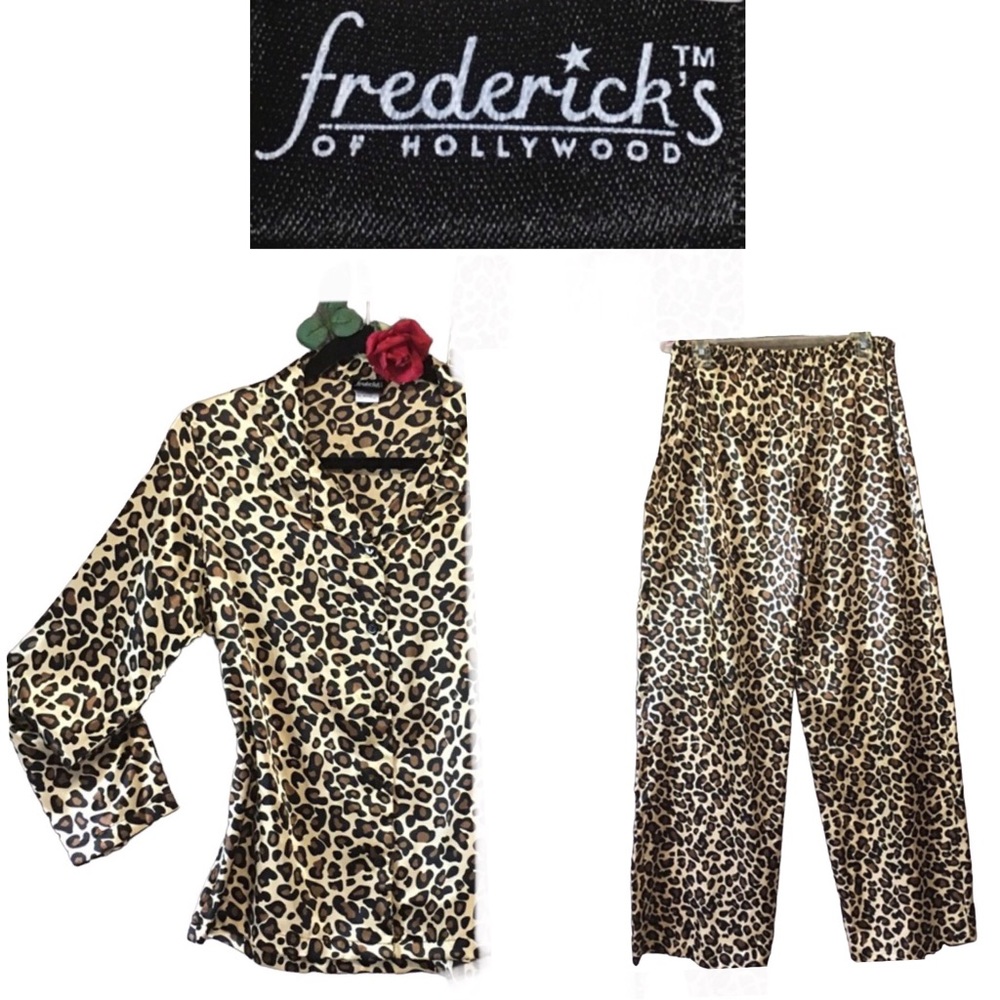 FREDERICKS Of HOLLYWOOD LEOPARD PRINT WHIMSEYGOTH SATIN Pajama set MED LIKE NEW